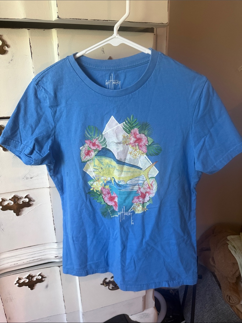 Guy Harvey Bright Blue Tee with Yellow Fish and Floral Art